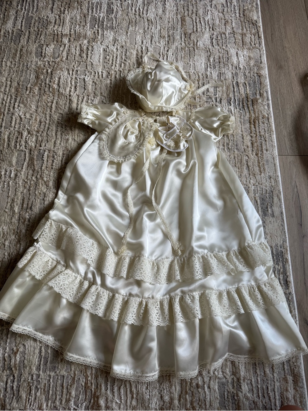 Ivory Satin Lace Christening Gown with Bonnet, booties and Bib vintage baby 6 mo